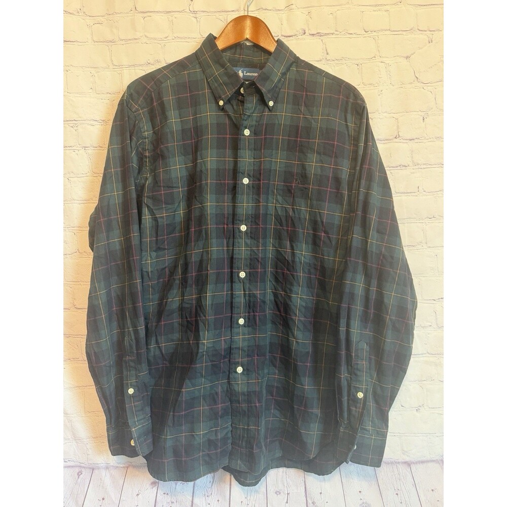 VTG Polo Ralph Lauren Shirt Mens Large Classic Fit Green Purple Tartan Plaid